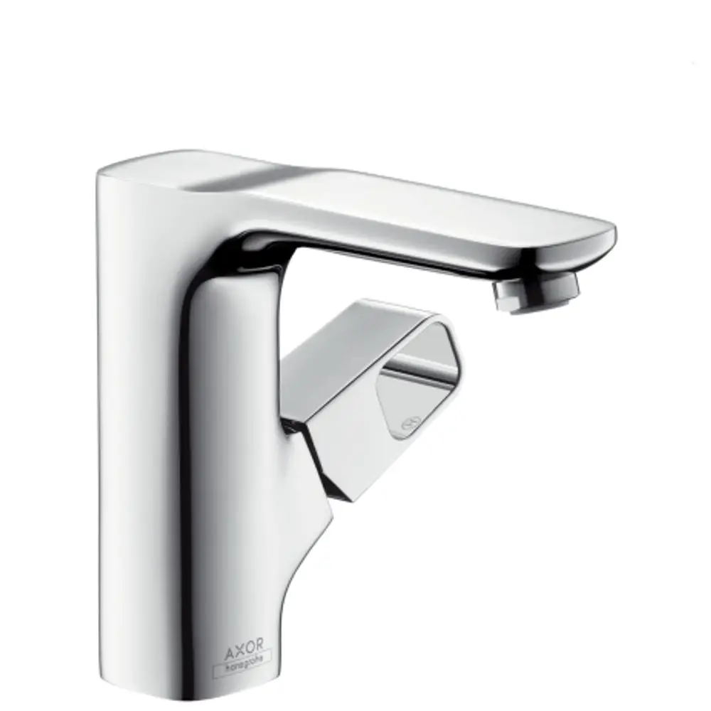 Chromfarbener Einhebel-Waschtischmischer von AXOR mit einer Zugstangen-Ablaufgarnitur. Schlichte, moderne Form mit einem Hebelgriff zur Steuerung des Wasserflusses.